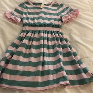 Short sleeved green and pink striped ruffle dress